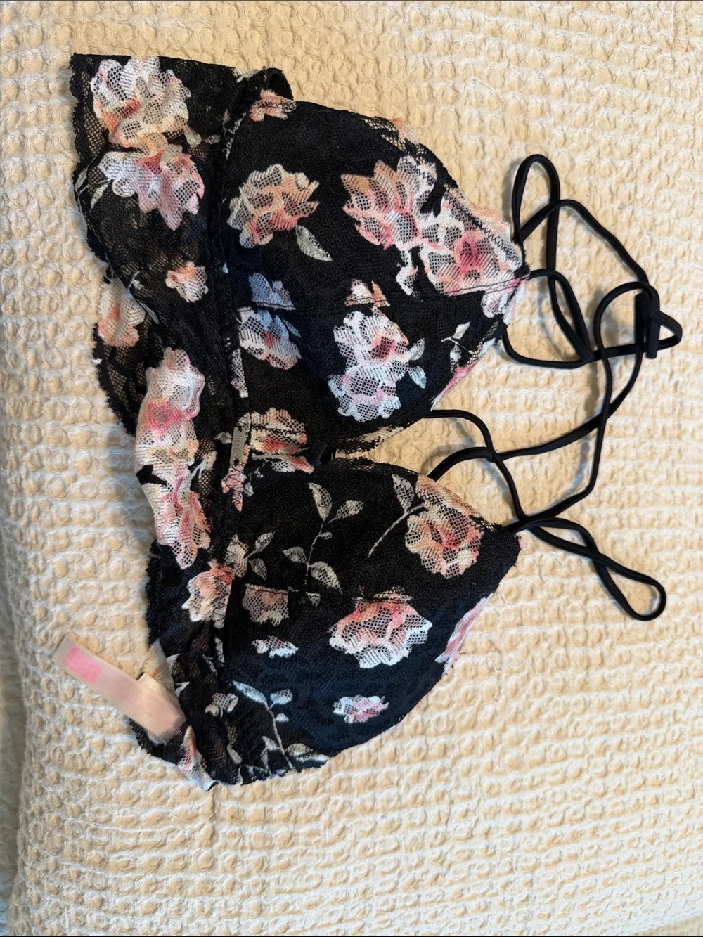 Floral Lace Bralette Tops- Black with Pink Floral
